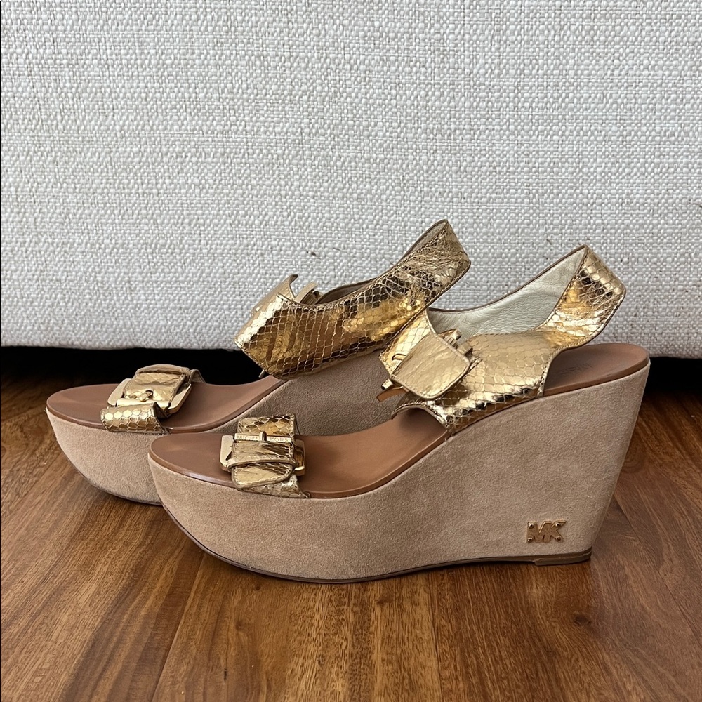 Michael Kors Metallic Gold and Tan Wedges